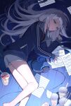  1girl 25-ji_night_code_de._(project_sekai) azit_(down) bangs black_shirt blue_eyes blue_jacket chopsticks commentary_request cup disposable_cup eyebrows_visible_through_hair feet_out_of_frame grey_hair hand_up highres jacket long_hair long_sleeves looking_at_viewer lying on_side parted_lips pinching_sleeves project_sekai sheet_music shirt short_shorts shorts sleeves_past_wrists solo twitter_username very_long_hair white_shorts wooden_floor yoisaki_kanade 