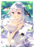  1girl :d animal_ears aoi_yun bag bangs blurry blurry_background breast_squeeze breasts commentary_request day depth_of_field eyebrows_visible_through_hair grey_hair hair_between_eyes hair_ornament hairclip highres holding holding_bag large_breasts light_brown_hair long_hair looking_at_viewer low_twintails multicolored_hair original purple_eyes rabbit_ears rabbit_girl rabbit_tail smile solo tail tree twintails two-tone_hair v_arms very_long_hair 