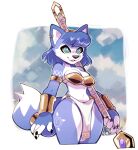  4_fingers anthro blue_body blue_fur blue_hair bra breasts canid canine cleavage clothed clothing female fingers fox fur hair hi_res krystal mammal nintendo punkinbuu smile solo staff star_fox underwear video_games white_body white_fur 