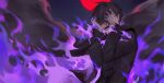  1boy black_hair burning character_request covered_eyes fang fire forever_7th_capital hair_over_eyes hands_on_own_head highres long_sleeves male_focus meru02295238 moon purple_fire red_moon scratching_head screaming smoke solo tears upper_body 