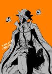  1boy cape hat horns humming male_focus mask nakiri_0405 necktie one_piece orange_background page_one_(one_piece) partially_colored signature solo 