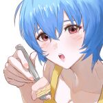  1girl ayanami_rei blue_eyes cake food fork maf_chen neon_genesis_evangelion open_mouth red_hair simple_background spoon white_background 