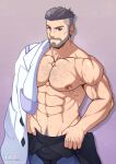  1boy abs bara beard black_bodysuit bodysuit bodysuit_pull chest_hair clothes_on_shoulders facial_hair highres inunekostudio labcoat large_pectorals looking_at_viewer male_focus muscular muscular_male navel nipples pectorals pokemon pokemon_(game) pokemon_sv purple_bodysuit short_hair smile solo turo_(pokemon) two-tone_bodysuit undercut 