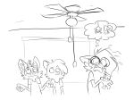  2022 anthro arachnid arthropod ceiling_fan clothing gage_(ft522) group hi_res male male/male metal_(artist) metal_(character) panicking scared shirt sketch spider thought_bubble topwear trio vinzin_(character) 