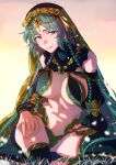  1girl arabian_clothes braid breasts fate/grand_order fate_(series) gold green_hair harem_outfit large_breasts looking_at_viewer low_twin_braids mole mole_on_breast otori666 purple_eyes purple_nails salome_(fate) short_hair_with_long_locks smile solo twin_braids veil 