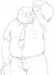  2016 anthro belly big_belly blush bodily_fluids bottomwear clothing domestic_pig kemono magumataishi male mammal necktie overweight overweight_male pants shirt solo suid suina sus_(pig) sweat topwear 