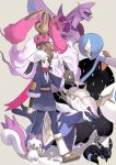  1girl absurdres akari_(pokemon) alternate_color black_hair black_shirt brown_footwear commentary_request eyelashes gardevoir grey_eyes grey_jacket head_scarf highres hiro_(user_negm3832) hisuian_samurott hisuian_zoroark jacket long_hair loose_socks lopunny pachirisu palkia pantyhose pokemon pokemon_(creature) pokemon_(game) pokemon_legends:_arceus ponytail shiny_pokemon shirt shoes sidelocks skirt smile standing umbreon white_headwear white_legwear 