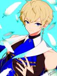  absurdres age_difference angel bangs blonde_hair blue_eyes earrings feathers hibinochloesub highres jewelry luke_(obey_me!:_one_master_to_rule_them_all!) obey_me!:_one_master_to_rule_them_all! single_earring 