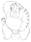  2013 anthro asian_clothing belly big_belly blush bodily_fluids clothing east_asian_clothing felid fundoshi genital_fluids japanese_clothing kemono magumataishi male mammal moobs navel nipples overweight overweight_male pantherine simple_background solo tears tiger underwear urine 