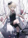  1boy androgynous blonde_hair blue_eyes boots bow bowtie cat flower full_body ghost hat highres looking_to_the_side male_focus namiki_itsuki open_mouth original otoko_no_ko petals rose shirt short_hair shorts sitting socks solo throne vest 