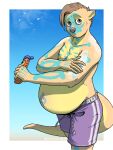  absurd_res anthro bottomwear clothing hi_res lutrine male mammal mustelid outside pregnant pregnant_male shorts solo standing sunscreen synthgoblin thick_tail 