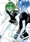  2others androgynous ass back belt blue_eyes blue_hair collared_shirt colored_skin euclase_(houseki_no_kuni) gem_uniform_(houseki_no_kuni) green_eyes green_hair hair_rings high_collar highres holding holding_weapon houseki_no_kuni jade_(houseki_no_kuni) looking_to_the_side multicolored_hair multiple_others nail_polish necktie o_lo3253 other_focus puffy_short_sleeves puffy_sleeves serious shirt short_hair short_hair_with_long_locks short_shorts short_sleeves shorts sidelocks sword thick_thighs thighs weapon white_belt white_hair white_skin wide_hips 