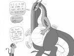  abdominal_bulge anthro ashe_(shyguy9) belly birthday bodily_fluids bottomwear clothing demon dialogue digestion_noises digitigrade dragon duo english_text facepalm female feral horn imp macro male nervous onomatopoeia oral_vore pith scared shame shorts shyguy9 sound_effects spade_tail sweat text undercut vore 