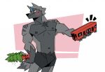  abstract_background anthro bigpal blue_hair blush bottomwear bow_tie canid canine canis clothing countershading destruction domestic_dog fur gift grey_body grey_fur hair holding_train kaiju macro male mammal pal_(bigpal) reverse_countershading shorts simple_background solo_focus 