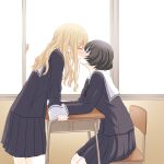  2girls black_hair blonde_hair blush chair closed_eyes commentary_request desk eyebrows_visible_through_hair highres indoors kurosawa_karura medium_hair multiple_girls on_chair original school_chair school_desk school_uniform serafuku short_hair sitting yuri 