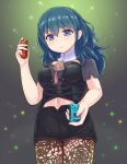  1girl armor black_armor blue_eyes blue_hair body_armor breasts brown_legwear bustier byleth_(fire_emblem) byleth_(fire_emblem)_(female) clothing_cutout fire_emblem fire_emblem:_three_houses floral_print highres joy-con kutabireta_neko lace-trimmed_legwear lace_trim legwear_under_shorts navel navel_cutout pantyhose patterned_legwear print_legwear short_sleeves shorts solo tassel turtleneck underbust 