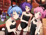  13-gou 3girls animal_ears black_leotard blush character_request closed_mouth fake_animal_ears fishnet_legwear fishnets leotard long_hair looking_at_viewer multiple_girls one_eye_closed playboy_bunny pretty_(series) pripara purple_hair rabbit_ears rabbit_tail short_hair side_ponytail smile strapless strapless_leotard tail toudou_shion yellow_eyes 