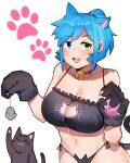  1girl :3 animal_ears bad_id bad_twitter_id bell blue_eyes blue_hair blush breasts cat_ears cat_girl cat_lingerie cat_tail cleavage cleavage_cutout clothing_cutout collar collarbone extra_ears eyebrows_visible_through_hair facial_mark fang green_eyes heterochromia large_breasts looking_at_viewer meme_attire mole mole_on_breast navel neck_bell open_mouth original saru_(monkey_magic3) smile solo tail whisker_markings 