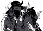  arm_over_shoulder brother_and_sister greyscale hair_over_one_eye hat horns long_hair mask monochrome nakiri_0405 necktie one_piece page_one_(one_piece) siblings signature ulti_(one_piece) 