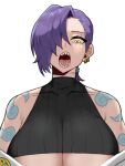  1girl bad_id bad_pixiv_id black_sweater blue_hair breasts cleavage cropped_sweater hair_over_one_eye large_breasts long_hair looking_at_viewer open_mouth original ponytail ribbed_sweater saru_(monkey_magic3) scar scar_across_eye sharp_teeth sleeveless sleeveless_sweater solo sweater tattoo teeth underboob yellow_eyes 