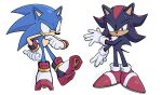  2boys artist_name black_fur blue_fur chronocrump gauntlets gloves green_eyes hand_on_hip highres legband male_focus multicolored_fur multiple_boys pointy_nose red_eyes red_fur shadow_the_hedgehog shoes smirk sonic_(series) sonic_the_hedgehog spiked_hair sweat sweatdrop twitter_username wristband 