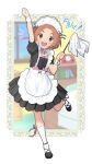  alternate_costume apron arm_up bangs black_footwear blurry blurry_background blush bow choker clenched_hand commentary_request dot_nose dress duster english_text enmaided frilled_choker frilled_dress frills full_body hand_up highres holding holding_duster idolmaster idolmaster_cinderella_girls leg_up looking_at_viewer maid maid_headdress neck_ribbon open_mouth orange_eyes orange_hair over-kneehighs pink_bow pink_ribbon puffy_short_sleeves puffy_sleeves ribbon ryuzaki_kaoru shoes short_hair short_sleeves smile solo teeth thighhighs upper_teeth waist_apron white_apron white_legwear wrist_cuffs yama_tatsuo 