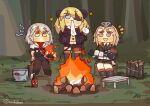  3girls absurdres bangs black_gloves black_legwear blonde_hair blue_eyes breasts brown_eyes bucket burning campfire closed_mouth commission eating eyebrows_visible_through_hair eyepatch food garrison_cap girls&#039;_frontline gloves grey_hair hair_between_eyes hat highres jacket lcron long_sleeves marshmallow military military_uniform molotov_cocktail mp40_(girls&#039;_frontline) multiple_girls navel necktie open_mouth shirt short_hair short_sleeves skorpion_(girls&#039;_frontline) thighhighs twintails uniform vector_(girls&#039;_frontline) yellow_eyes 