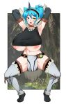  1girl absurdres armpits arms_behind_head arms_up blue_eyes blue_hair blush breasts character_request collarbone commission cosplay_request eyebrows_visible_through_hair fang full_body green_eyes heterochromia highres large_breasts looking_at_viewer monster_hunter_(series) navel nipple_slip nipples open_mouth original saru_(monkey_magic3) short_hair skin_fang solo 