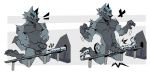  anthro bigpal blue_hair canid canine canis countershading destruction domestic_dog evil_grin fur grey_body grey_fur hair kaiju kneeling looking_down macro male mammal pal_(bigpal) reverse_countershading simple_background smile solo_focus train vehicle 