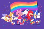  amy_rose artist_name blue_eyes blue_fur closed_eyes confetti dress flag gloves green_eyes happy headband highres knuckles_the_echidna leg_up lou_lubally march multicolored_fur multiple_boys multiple_girls one_eye_closed open_mouth pink_fur red_fur shoes signature sleeveless smirk sonic_(series) sonic_the_hedgehog sparkle tails_(sonic) teeth tongue walking white_fur wristband yellow_fur 