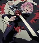  androgynous artist_name blazemalefica blood crona_(soul_eater) dress frown gauntlets highres leather leather_belt long_dress long_sleeves looking_down open_mouth pink_hair purple_eyes short_hair solo soul_eater spikes teeth tongue tongue_out worried 