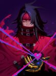  1boy absurdres black_hair clawed_gauntlets cloak covered_mouth final_fantasy final_fantasy_vii headband heart highres long_hair looking_at_viewer messy_hair plant red_eyes torn_clothes vincent_valentine vines zelus 