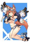  1girl animal_ear_fluff animal_ears bare_legs bare_shoulders bikini bikini_under_clothes black_bikini blue_background blue_eyes breasts character_request copyright_request front-tie_bikini front-tie_top full_body fur_collar gene_(gear_gene) goggles goggles_on_head green_hair grin highres jacket large_breasts looking_at_viewer micro_shorts multicolored_hair navel one_eye_closed orange_hair shoes shorts side-tie_bikini smile solo stomach swimsuit tail two-tone_hair white_jacket white_shorts 