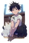  1boy 2others black_fur black_hair closed_eyes closed_mouth commentary_request day dog echo_(circa) fushiguro_megumi indoors jujutsu_kaisen kneeling looking_at_another looking_at_viewer male_focus messy_hair multiple_others multiple_tails outstretched_arms own_hands_together shirt short_hair short_sleeves solo_focus spiked_hair tail translation_request triangle white_fur white_shirt window wooden_floor wooden_wall 