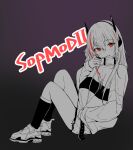  1girl arm_up bangs blush character_name eyebrows_visible_through_hair full_body girls&#039;_frontline hand_in_pocket headset highres jacket long_hair looking_at_viewer m4_sopmod_ii_(girls&#039;_frontline) multicolored_hair on_floor open_mouth p220_31495 red_eyes shoes simple_background sitting sneakers socks solo streaked_hair white_footwear 