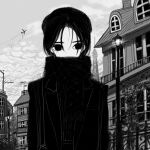  1girl aircraft airplane bomb cloud cloudy_sky coat greyscale hat highres lamppost looking_at_viewer monochrome narue original scarf short_hair sky solo tower when_you_see_it 
