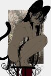  1girl animal_ears black_hair blue_eyes cat_ears cat_tail closed_mouth completely_nude from_side highres long_hair looking_at_viewer looking_to_the_side narue nude original smile solo squatting tail tail_raised very_long_hair 