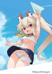  1girl :d absurdres anchor_symbol arm_up armpits ayanami_(azur_lane) azur_lane bandaged_leg bandages bangs blue_skirt blue_sky breasts cloud cloudy_sky commentary_request eyebrows_visible_through_hair from_below grey_hair groin hair_between_eyes headgear highres holding long_hair looking_at_viewer looking_down navel ootsuki_momiji panties paper_airplane pleated_skirt ponytail red_eyes school_uniform serafuku sidelocks skirt sky sleeveless smile solo stomach striped striped_panties thighlet twitter_username underboob underwear younger 