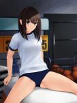  1girl bangs basketball black_hair blue_buruma blurry blurry_background breasts buruma commentary_request depth_of_field eyebrows_behind_hair gym_shirt gym_storeroom gym_uniform hair_between_eyes highres indoors long_hair looking_at_viewer medium_breasts nonaka_ritsu original puffy_short_sleeves puffy_sleeves shirt short_sleeves sitting solo spread_legs vaulting_horse white_shirt yellow_eyes 