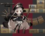 1girl armband belt black_coat black_footwear black_headwear black_jacket boots breasts bullet buttons chibi cleavage closed_mouth coat coat_on_shoulders cross double-breasted fold-over_boots girls&#039;_frontline gun hat high_heel_boots high_heels iron_cross jacket kar98k_(girls&#039;_frontline) long_hair long_sleeves looking_at_viewer narue peaked_cap petticoat red_eyes rifle scope solo very_long_hair weapon white_hair 
