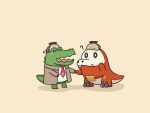  2others ? absurdres brown_headwear brown_jacket chibi commentary crocodile crocodilian crossover detective english_commentary fangs fuecoco handshake hat highres hololive hololive_english investigator_(amelia_watson) jacket mpien multiple_others necktie no_humans open_mouth pokemon pokemon_(creature) red_necktie shirt simple_background smile trait_connection virtual_youtuber white_shirt 