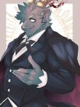  1boy animal_ears animal_nose bara border brown_border coat coat_on_shoulders collared_shirt fingernails forked_eyebrows formal furry furry_male goat_boy goat_ears goat_horns half-closed_eyes highres horns izm_(izm_rm7) long_sleeves male_focus mephistopheles_(housamo) muscular muscular_male open_mouth outside_border peaked_lapels sharp_fingernails shirt short_hair smile snout solo suit thick_eyebrows tokyo_afterschool_summoners tusks white_shirt x-shaped_choker 