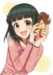  1girl bangs black_hair blunt_bangs blush bracelet commentary eyebrows_visible_through_hair hands_up highres holding holding_stuffed_toy idolmaster idolmaster_cinderella_girls jewelry long_sleeves looking_at_viewer necklace niwa_hitomi open_mouth pink_shirt print_shirt purple_eyes ring shirt short_hair simple_background smile solo stuffed_toy upper_body wgm_oekaki white_background 