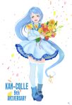  absurdres anniversary blue_dress blue_eyes blue_hair blue_legwear boots bouquet copyright_name count0x00 dress elbow_gloves flower gloves highres kantai_collection long_hair samidare_(kancolle) smile thighhighs very_long_hair 