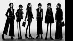  6+girls absurdres ankle_boots bag boots breasts closed_mouth coat coat_on_shoulders down_jacket earrings gloves greyscale hat high_heels highres holding holding_bag jacket jewelry leaning_forward long_hair long_legs looking_at_viewer medium_hair miniskirt mole mole_under_eye monochrome multiple_girls narue necklace necktie original pants skirt small_breasts standing 