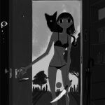  &lt;o&gt;_&lt;o&gt; 1girl :| animal_on_shoulder bare_arms bare_shoulders black_cat bra breasts cat cat_on_shoulder closed_mouth closed_umbrella contrapposto doorway greyscale highres holding holding_knife indoors knife looking_at_viewer monochrome narue original panties scar_on_stomach small_breasts solo umbrella underwear 