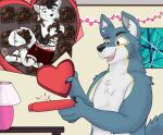  &lt;3 anthro blush candy canid canine canis chocolate dessert duo food food_fetish food_play gift grin holidays looking_down looking_up male mammal micro open_mouth pikabunni simple_background size_difference smile valentine&#039;s_day window wolf 