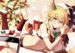  1boy aether_(genshin_impact) animal_ears ass blonde_hair boots bound bound_arms bow bowtie braid cape christmas_tree closed_mouth crop_top deer_ears frown genshin_impact gift hair_between_eyes hair_ornament hat horns miryoryo9 otoko_no_ko santa_costume santa_hat scarf shoes single_braid single_horn twitter_username white_cape yaoi yellow_eyes 