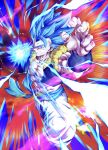  1boy aura baggy_pants black_vest black_wristband blue_eyes blue_hair blue_sash charging_forward commentary_request dragon_ball dragon_ball_super dragon_ball_super_broly glowing glowing_hand gogeta highres incoming_attack metamoran_vest muscular muscular_male pants papita_pochi sash solo sparkle spiked_hair super_saiyan super_saiyan_blue v-shaped_eyebrows vest white_pants wristband 