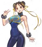  1girl armpits bangs bare_shoulders blue_unitard bow bracelet breasts brown_eyes brown_hair chun-li commentary_request crop_top double_bun eyeshadow gold_trim hair_bow hair_ornament hand_up highres jewelry looking_at_viewer makeup medium_breasts sleeveless smile solo spiked_bracelet spikes standing street_fighter street_fighter_zero_(series) sweat sweatdrop tanakalma teeth unitard upper_teeth v wind yellow_bow 